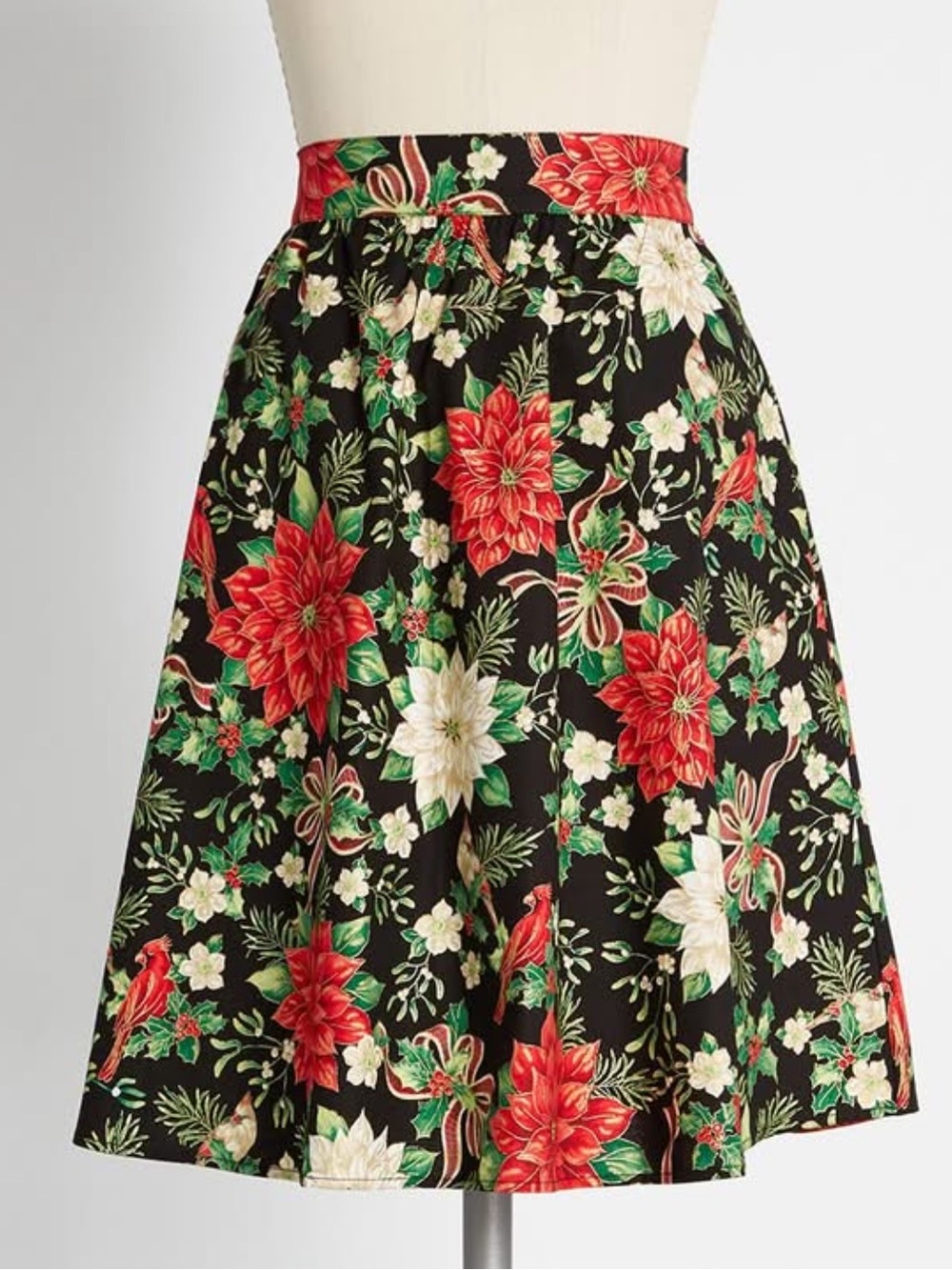 Retrolicious Poignant in Poinsettias Swing Skirt, Black/Red, 1X, EUC